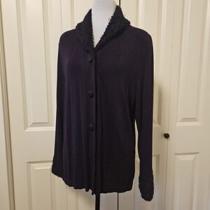 Picadilly  Blazer Button Up Top Purple Textured Trim Fun Fluffy Collar Cuff Sz L